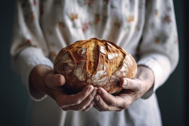 Schnappschuss einer nicht wiederzuerkennenden Frau, die einen mit generativer KI erstellten Laib Brot in der Hand hält