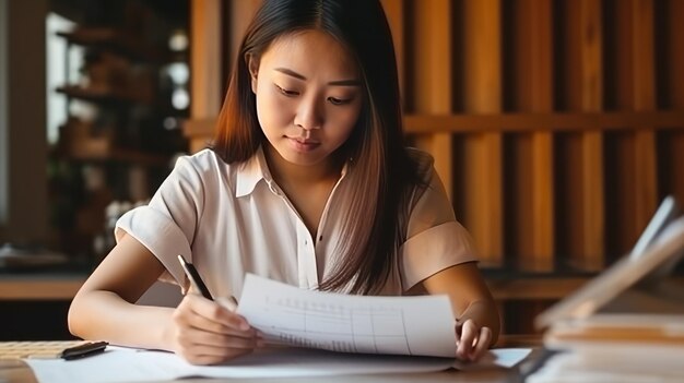 Schnappschuss einer niedlichen asiatischen Frau, die mit Finanzpapieren arbeitet