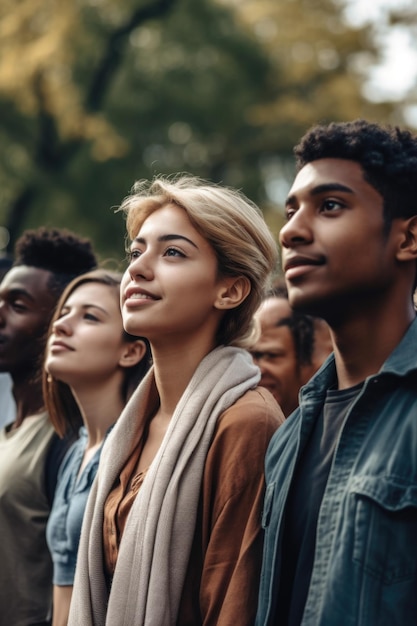 Schnappschuss einer vielfältigen Gruppe von Menschen im öffentlichen Park, erstellt mit generativer KI