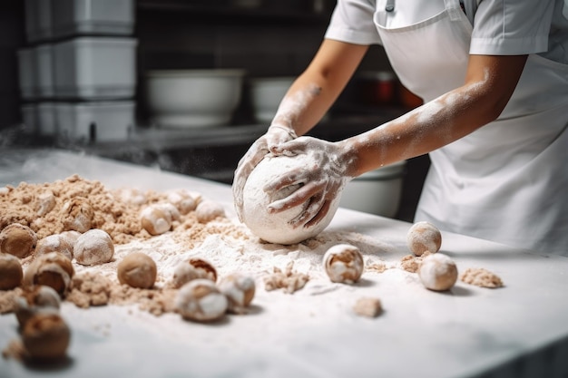 Schnappschuss eines Bäckereiarbeiters, der mit generativer KI hergestellten Teig zubereitet