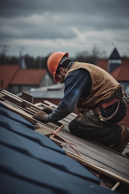 Schnappschuss eines Bauarbeiters, der am Dach eines Hauses arbeitet, das mit generativer KI erstellt wurde