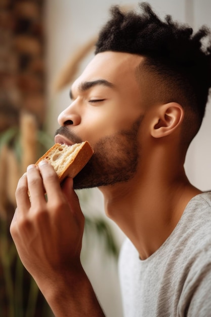 Schnappschuss eines jungen Mannes, der an frischem Brot riecht, das mit generativer KI hergestellt wurde