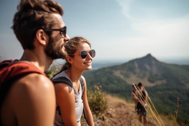 Schnappschuss eines jungen Paares, das während einer Wanderung die Aussicht genießt, erstellt mit generativer KI