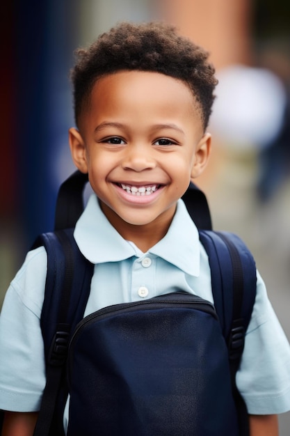 Schnappschuss eines lächelnden Jungen am ersten Schultag, erstellt mit generativer KI
