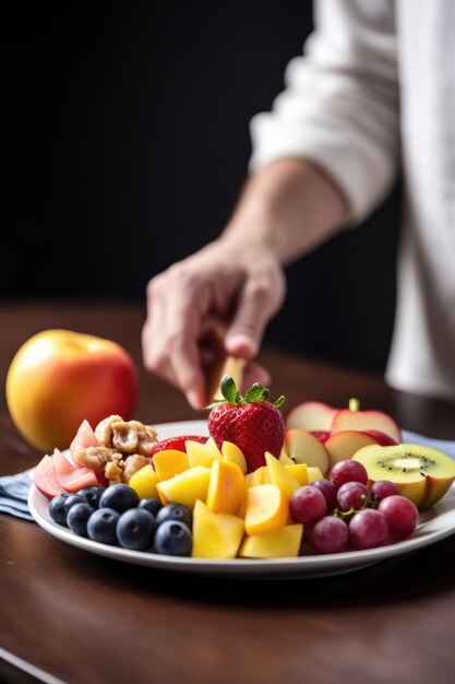 Schnappschuss eines Mannes, der frisches Obst auf seinen mit generativer KI erstellten Frühstücksteller legt