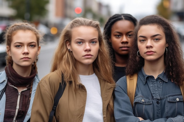 Foto schnappschuss von jungen aktivistinnen, die zusammen auf einem bürgersteig stehen