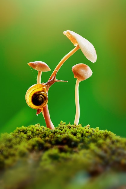 Schnecke auf Pilz im tropischen Garten