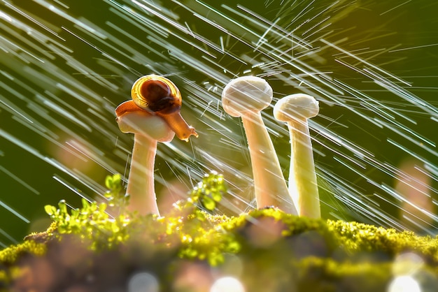 Schnecken auf Pilzen bei Regen