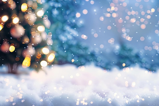 Schnee auf dem Boden mit einem Weihnachtsbaum im Hintergrund