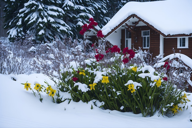 Schnee auf dem Boden und Narzissen im Vordergrund