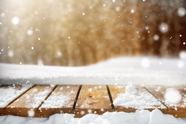Schnee auf einem Holzdeck mit schneebedecktem Boden
