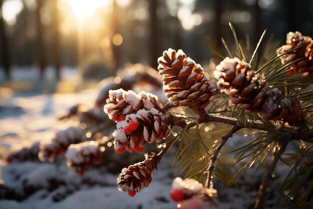 Schnee auf einem Kieferzweig mit strahlender Sonne Winterlandschaft mit Schnee Weihnachten Neujahr