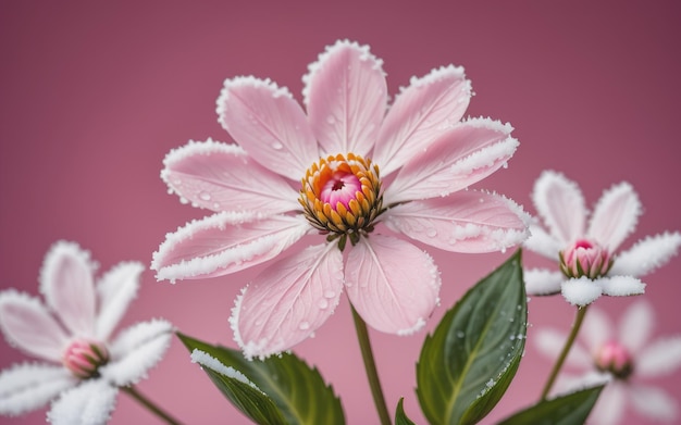 Schnee auf einer Blume mit rosa Hintergrund