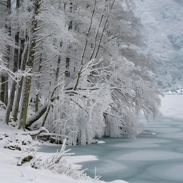 Schnee bedeckte Bäume im Wald am gefrorenen See