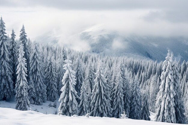 Schnee bedeckte Bäume vor einem Berghintergrund