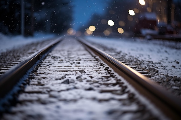 Schnee bedeckte Eisenbahnschienen in der Stadt in der Nacht im Winter