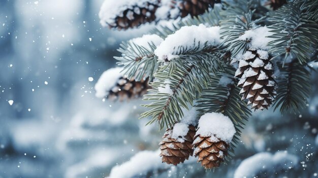 Schnee bedeckte Kiefernkegel auf einem Zweig mit fallenden Schneeflocken