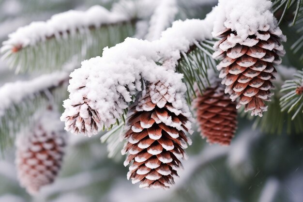 Schnee bedeckte Kiefernkegel hängen an einem Baum