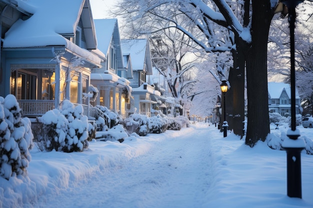 Schnee bedeckte Straße in den Vororten im Winter am Silvesterabend