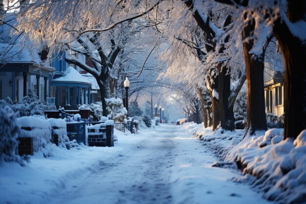 Schnee bedeckte Straße in den Vororten im Winter am Silvesterabend