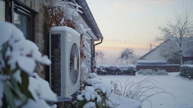 Schnee bedeckte Wärmepumpe mit winterbeständiger Luftquelle zeigt nachhaltige Energietechnologie in Aktion