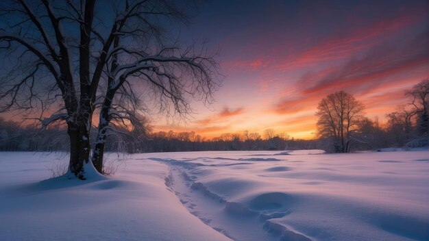 Schnee bedeckter Baum in einer Wintersonnenuntergangslandschaft