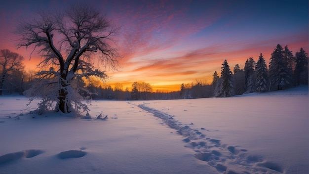 Schnee bedeckter Baum in einer Wintersonnenuntergangslandschaft