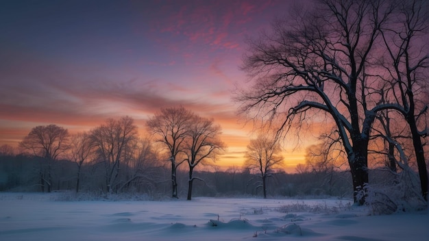 Schnee bedeckter Baum in einer Wintersonnenuntergangslandschaft