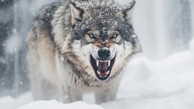 Schnee-Berg-Wolf knurrende Gesichtsansicht Schnee-Nebel-Nebel Ai erzeugte Kunst