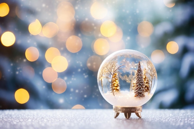 Schnee-Kugel, die in verschwommenem Weihnachts-Hintergrund funkelt, KI-generierte Illustration