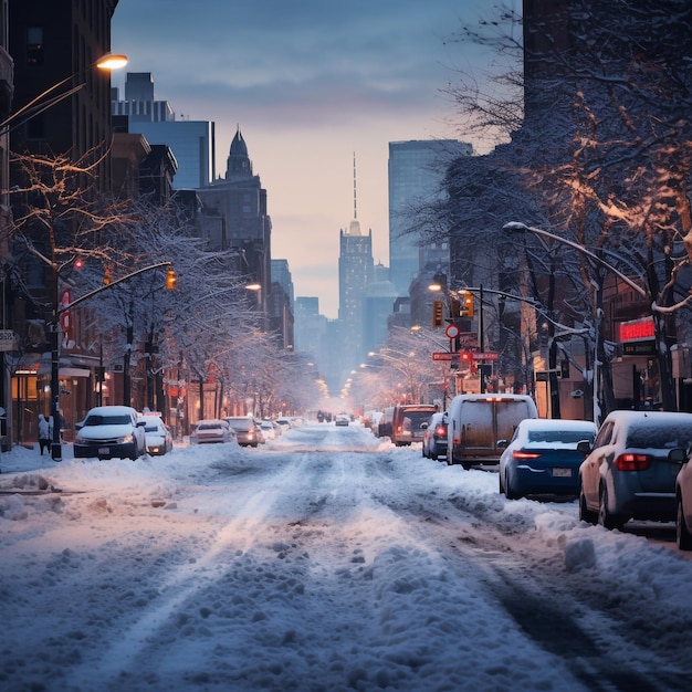 Schnee und Schnee auf den Straßen der Stadt