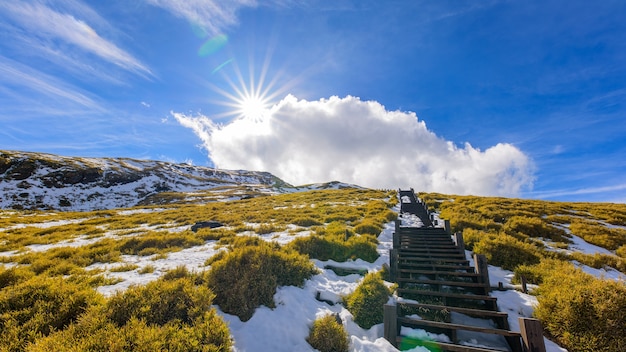 Schnee, Wolken, Berge, Treppen und Sonne.