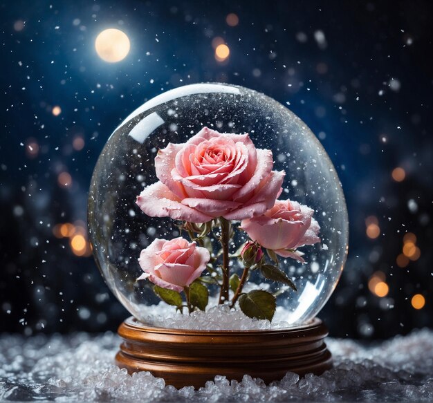 Schneeball mit rosa Rosen im Schneefall Weihnachts- und Neujahrskonzept