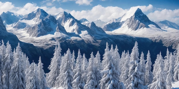 Schneebedeckte Bäume vor einer Bergkette