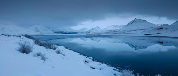 Schneebedeckte Berge an einem Wintertag in der Nähe des Sees unter einem dunklen Himmel bei Sonnenaufgang