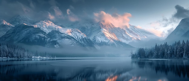 Schneebedeckte Berge an einem Wintertag in der Nähe des Sees unter einem dunklen Himmel bei Sonnenaufgang