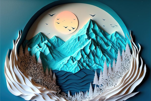 Schneebedeckte Berge im Winter mit Papierschnitt-Stil Generative KI-Illustration