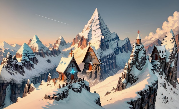 Schneebedeckte Berge magische Winterlandschaft Wandkunst Malerei Illustration Design Generative KI Nachbearbeitung