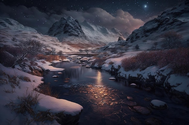 Schneebedeckte Berge mit einem Fluss in der Nacht