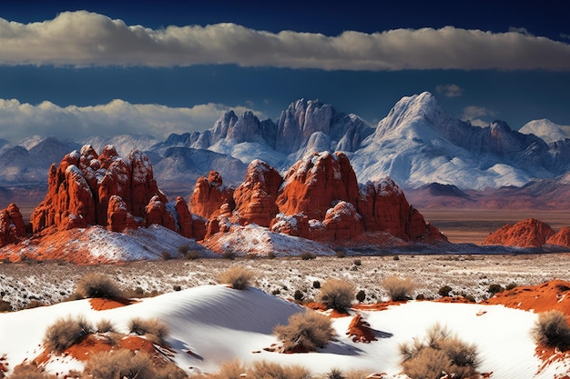 Schneebedeckte Berge mit wüstenroten Felsformationen, die mit generativer KI erstellt wurden