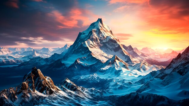 Foto schneebedeckte berglandschaft beim sonnenuntergang panoramablick auf die berge