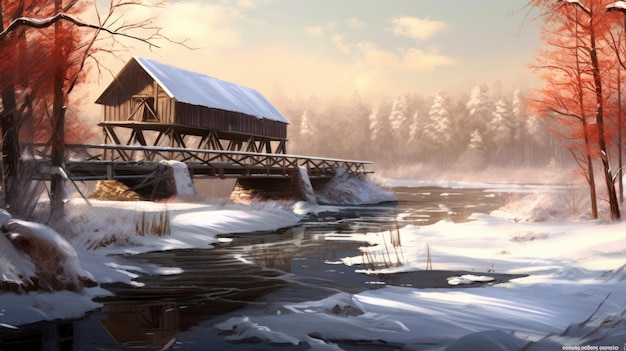 Schneebedeckte Brücke über einem zugefrorenen Fluss. KI generiert