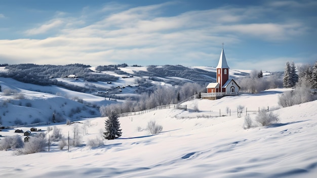 Schneebedeckte Hügel mit Kirche und Bäumen