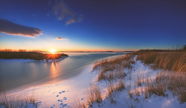 schneebedeckte Küste mit gelbem Gras beim Sonnenuntergang Generative KI