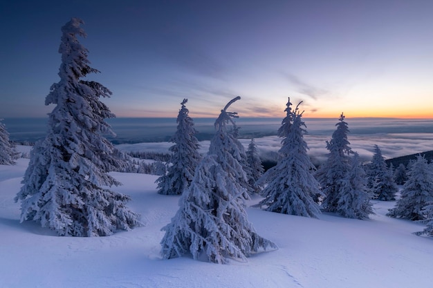 Schneebedeckte Landschaft gegen den Himmel bei Sonnenuntergang