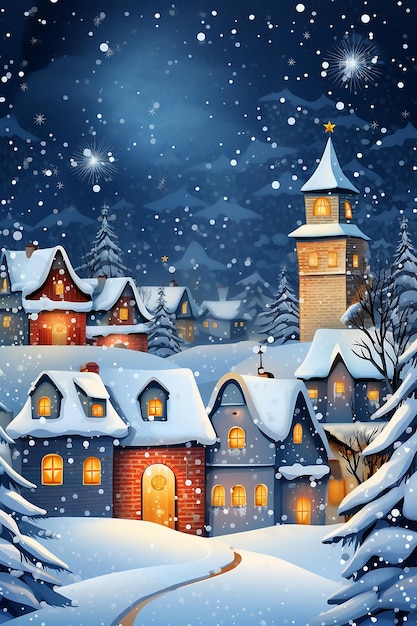 Schneebedeckte Nachtszene mit Dorfhäusern und Bäumen Weihnachtsferienlandschaft vertikal