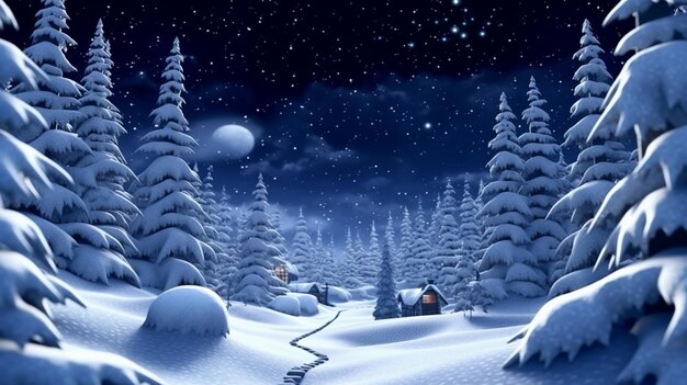 Schneebedeckte Nachtszene mit einer Hütte und Bäumen im Vordergrund generative ai