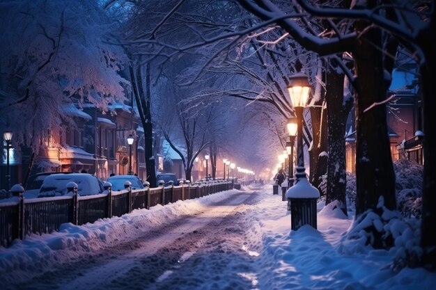 Foto schneebedeckte straße im vorort im winter am silvesterabend