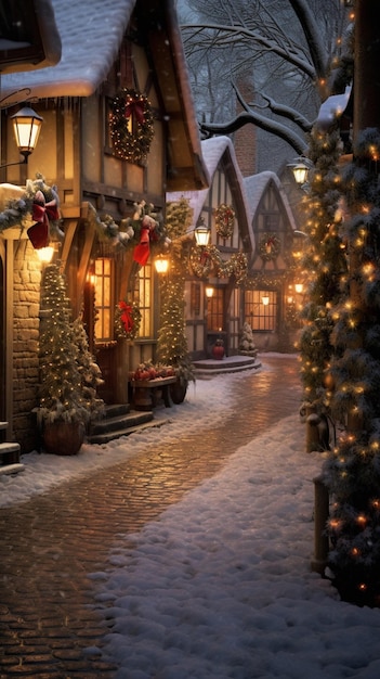 schneebedeckte Straße mit Weihnachtslichtern und einer Reihe von Häusern