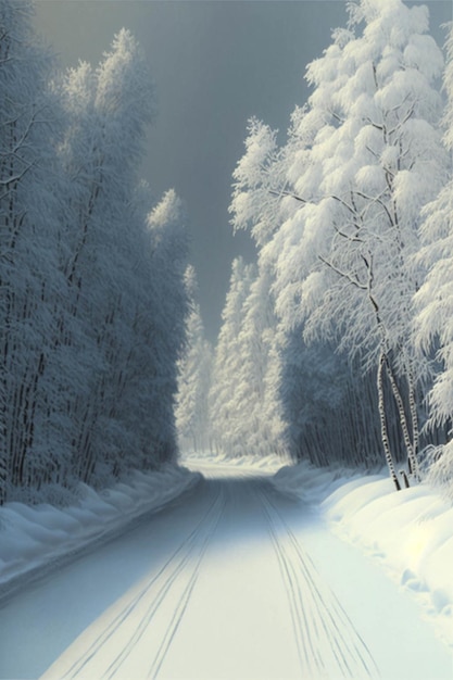 Schneebedeckte Straße mitten in einem generativen ai des Waldes
